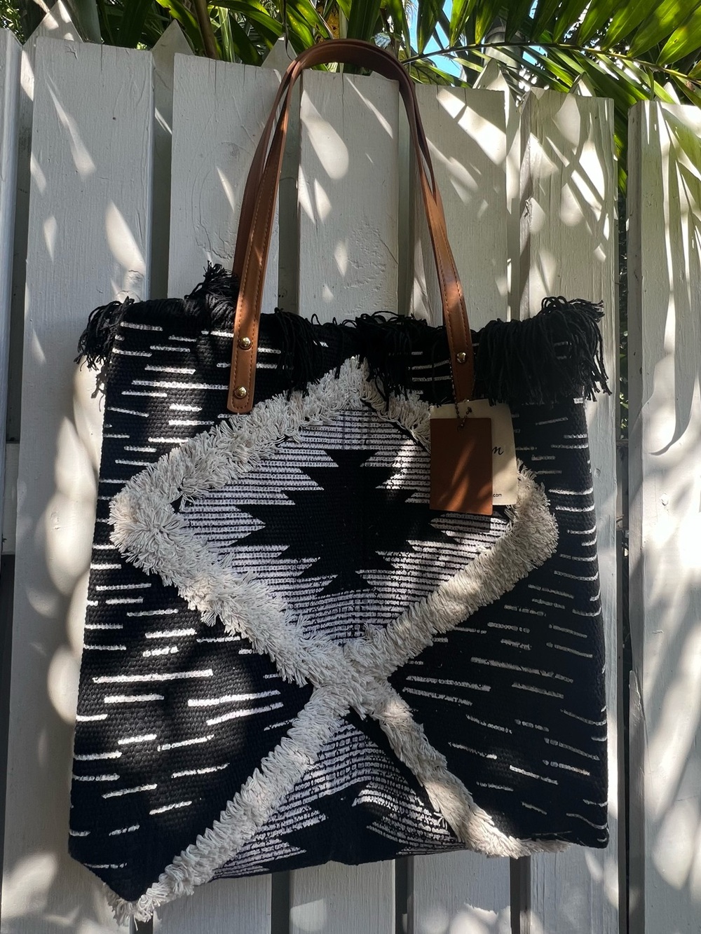 Incredible Bohemian Fringe Tote Bag with Leather Handles - Black & Cream